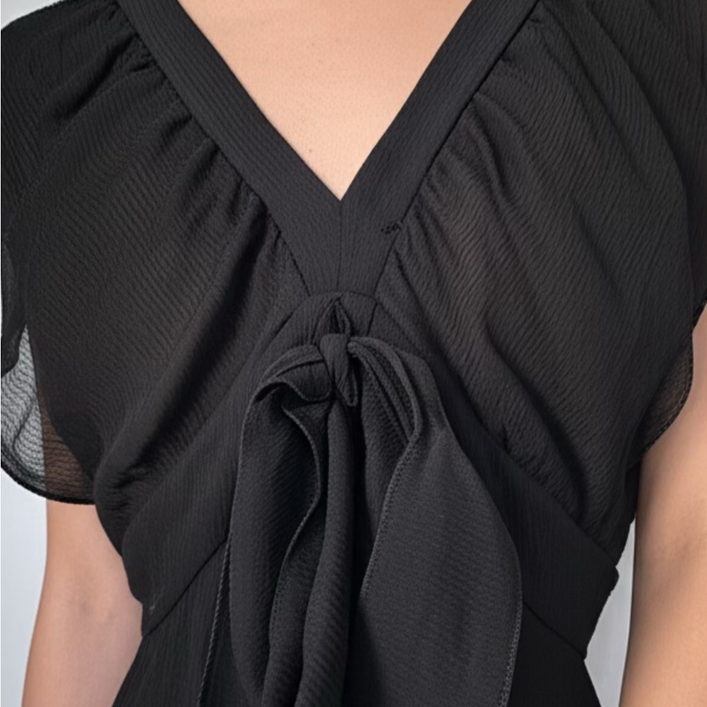 Cacharel Elegant Black V-Neck Blouse with tie bow size 40 French/ Medium